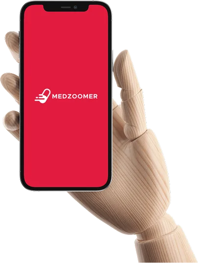 Hand holding a phone with the Medzoomer app