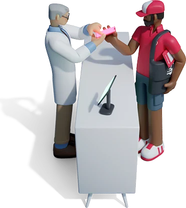 Pharmacist handing a prescription to a courier