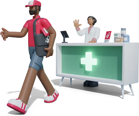 Courier leaving the pharmacy with a delivery bag