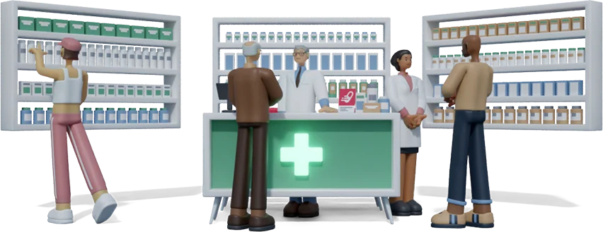 Customers and pharmacists in a busy pharmacy