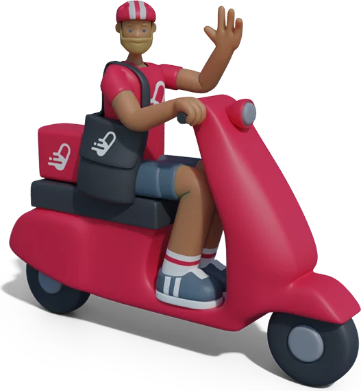 Medzoomer courier waving from a red scooter